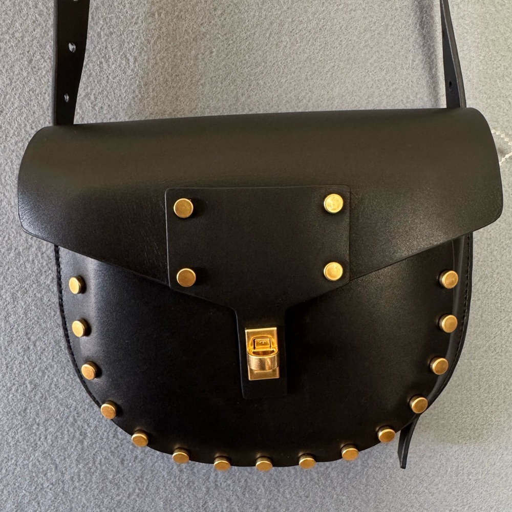 AllSaints Miro Mini Saddle Bag Black Studded Leather NWT + Dust Bag - Picture 9 of 15